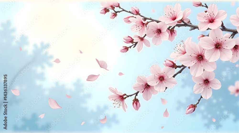 a close-up of a blossoming cherry branch with soft pink and white flowers and buds, with gentle pink petals falling against a blurred blue and white background. a close-up of a blossoming cherry branch with soft pink and white flowers and buds, with gentle pink petals falling against a blurred blue and white background.