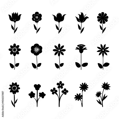 Flower icons set isolated on transparent background. Silhouettes spring flower icon set. Garden plants illustration sign collection. Beautiful symbol.Frangipani and plumeria tropical flower.
