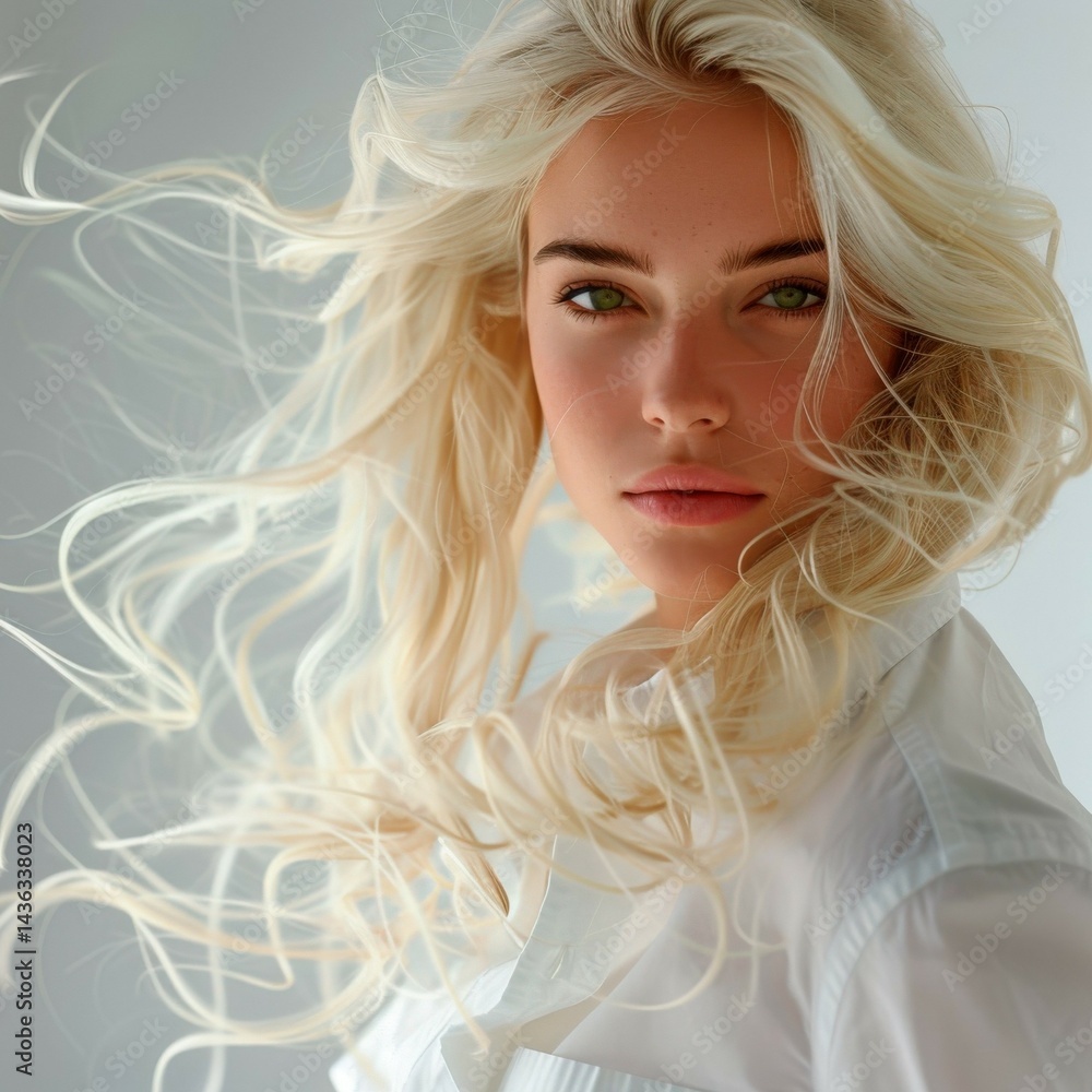 Blonde model with flowing hair posed in a light-filled room during an indoor photoshoot Blonde model with flowing hair posed in a light-filled room during an indoor photoshoot