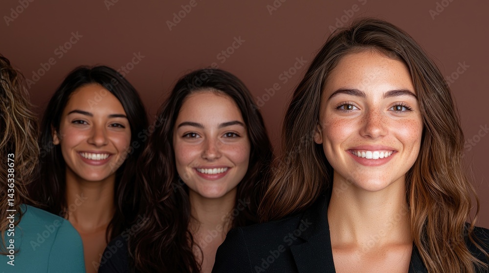 Four women smiling, standing in a row Four women smiling, standing in a row