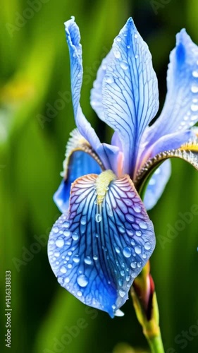 An iris with long, slippery petals in shimmering shades of blue and silver