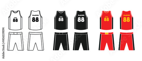 basketball jersey set design. with outline style, solid black and red, editable vector eps 10.
