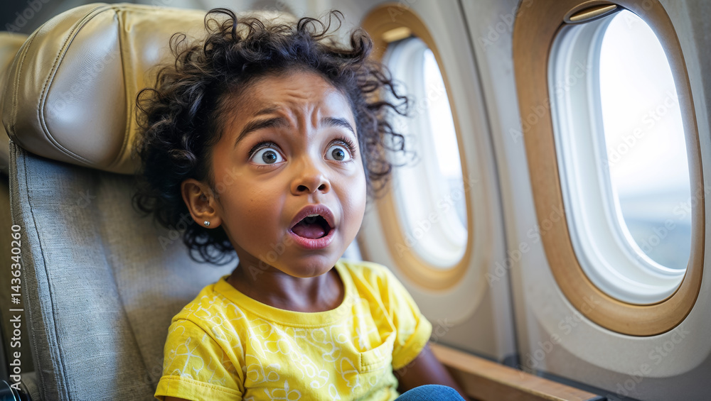 Portrait of surprised little african american girl on airplane near window