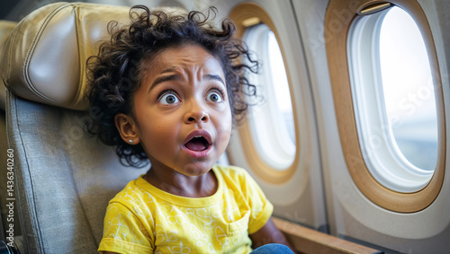 Obraz na płótnie Portrait of surprised little african american girl on airplane near window w salonie