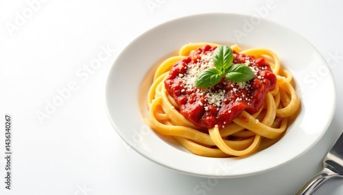 Plate of pasta with tomato sauce, parmesan, basil, white background , foodphotography, cheese