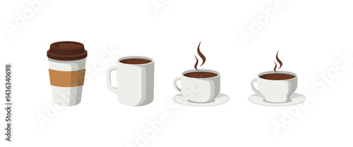 Concept Coffee collection. A set of flat, cartoon-style illustrations showcasing a collection of various coffee drinks with colorful designs, all presented on a white background. Vector illustration.
