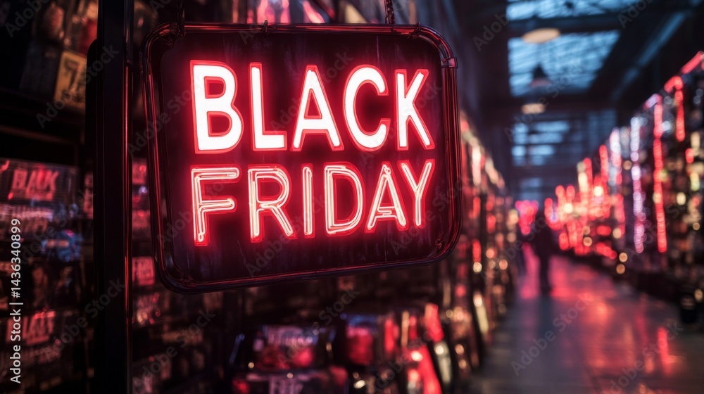 Red Black Friday Neon Sign in Night Market Red Black Friday Neon Sign in Night Market