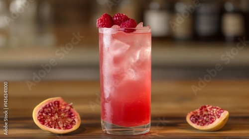 Pink Raspberry Cocktail with Ice in Tall Glass