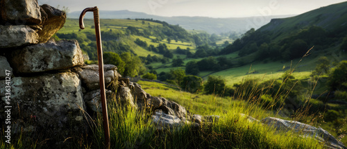 Scenic valley view with stone wall and shepherd's crook in summer day