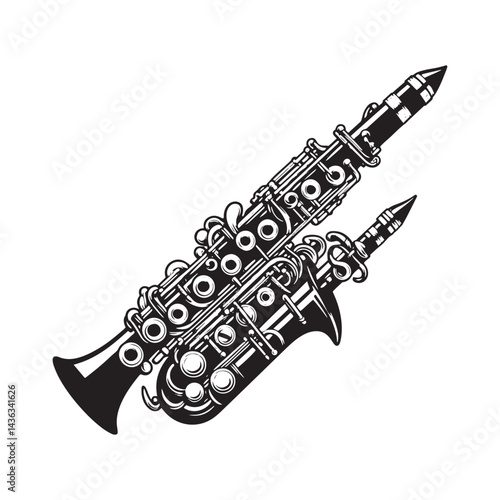 Melodic Currents: A Stylish Collection of Clarinet Vector Silhouettes Highlighting the Elegant Form, Smooth Tones, and Timeless Beauty of This Classic Woodwind Instrument.