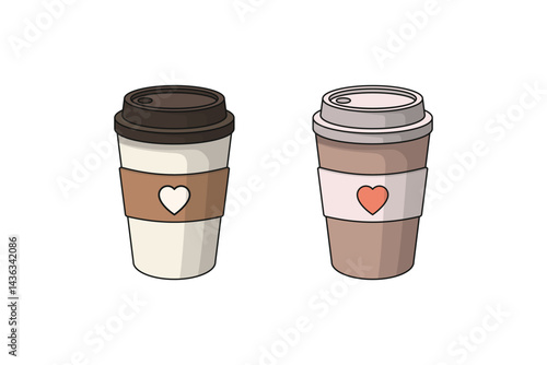 set of colorful cardboard cups for coffee and tea with lids. Simple flat graphics for cafe, cafe, coffee takeaway concepts. Vector illustration