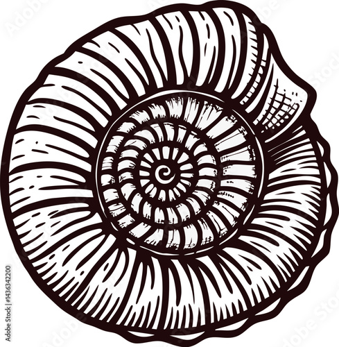 Detailed ammonite fossil showcasing spiral shell pattern and nautical design elements.
