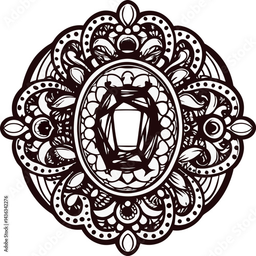 Intricate black and white mandala design with symmetrical patterns and central gem motif.