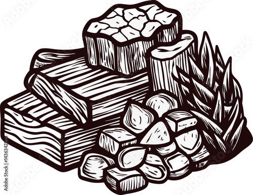 of firewood, kindling, and twigs for traditional rustic campfire.