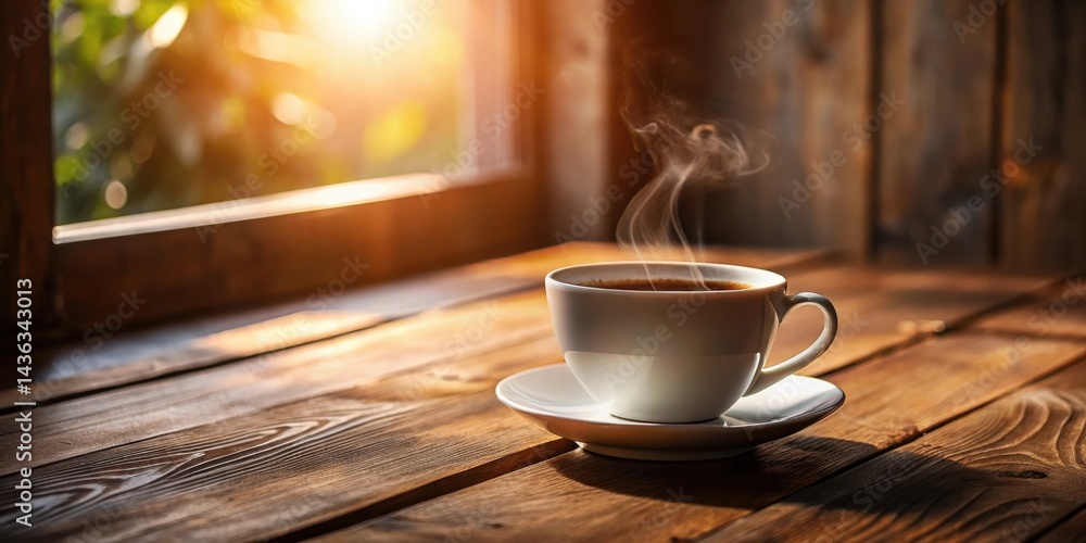 Fototapeta premium Aromatic Steam Rising from a Warm Cup of Coffee on Rustic Wooden Table by Sunlit Window