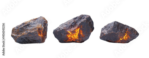 Collection of Realistic Volcanic Rocks with Glowing Lava Cracks Against a Bright Background