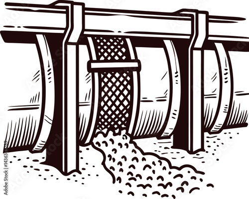 Industrial pipe filtering process with grated mechanism in monochrome.