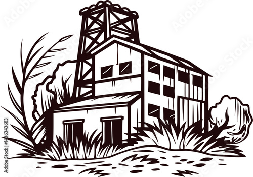 Abandoned industrial building in overgrown landscape with tower structure and dense vegetation