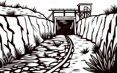 Abandoned railway tunnel cutting through rocky terrain with overgrown vegetation