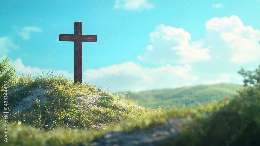 Wooden Cross on Hill with Blue Sky Background Easter Concept Wooden Cross on Hill with Blue Sky Background Easter Concept