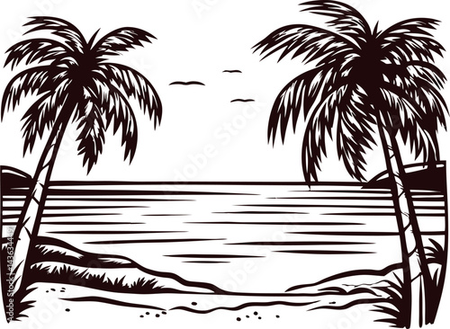 Tropical beach scene with palm trees and ocean view under clear skies