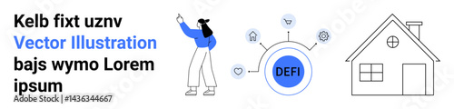 Woman gestures toward decentralized finance illustrated with network icons and a house symbol. Ideal for fintech, real estate, innovation, blockchain, technology, education, simple landing page