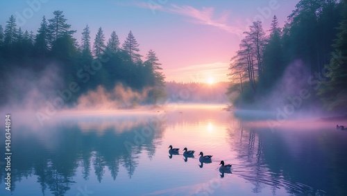 Ducks on Calm Lake at Sunrise