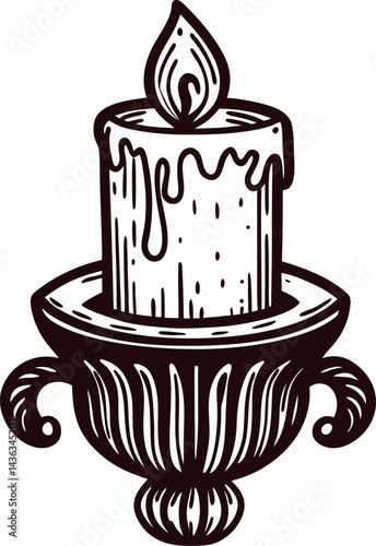 of a lit candle in ornate holder with melting wax dripping down