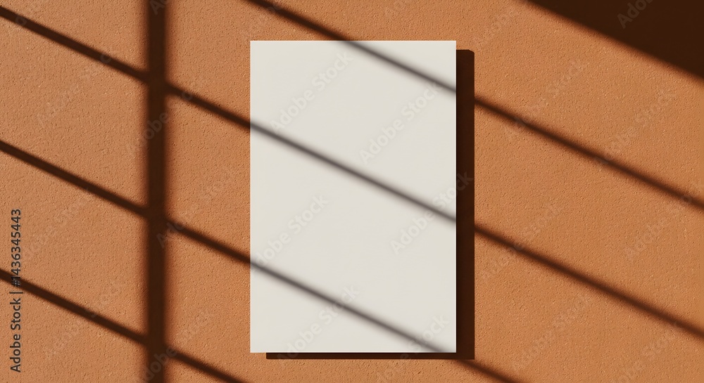 Fototapeta premium AI image features a blank vertical paper mockup placed on a terracotta textured wall, crossed by distinct window blind shadows.
