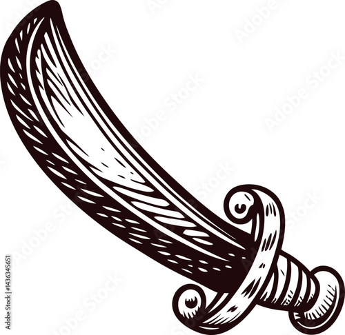 Vintage curved sword with ornate hilt design in black and white