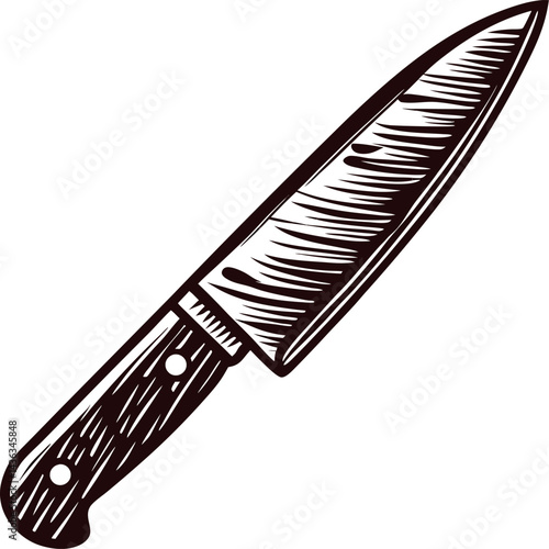 Detailed of a vintage chef knife with wood handle in black and white design