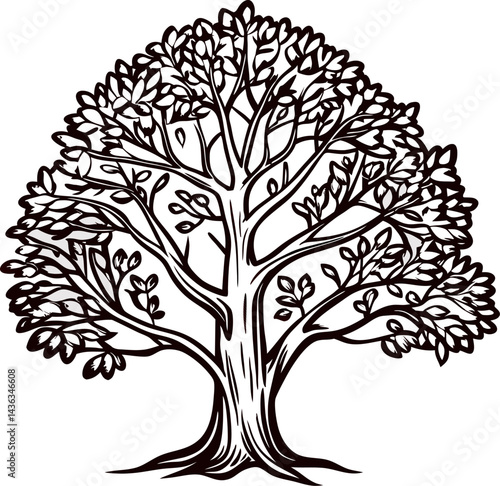 Leafy tree with intricate branch patterns in black and white.