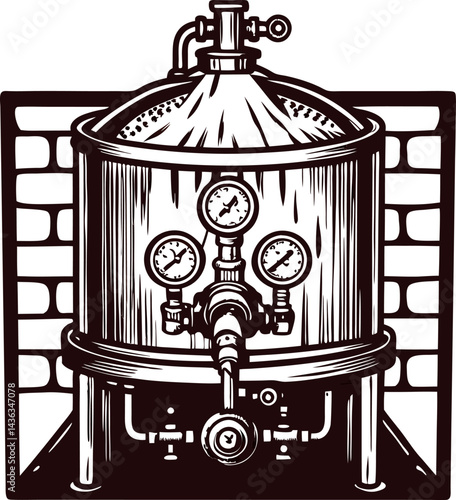 Vintage industrial brewing vat with pressure gauges and pipes in front of brick wall.