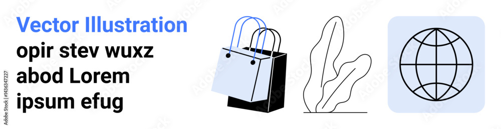 Shopping bag, abstract plant lines, and globe in a grid layout. Ideal for online shopping, retail, environment, sustainability, travel globalization eco-business. Perfect flat landing page banner Shopping bag, abstract plant lines, and globe in a grid layout. Ideal for online shopping, retail, environment, sustainability, travel globalization eco-business. Perfect flat landing page banner