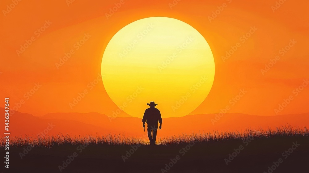 Silhouette of cowboy walking towards a vibrant sunset. Silhouette of cowboy walking towards a vibrant sunset.