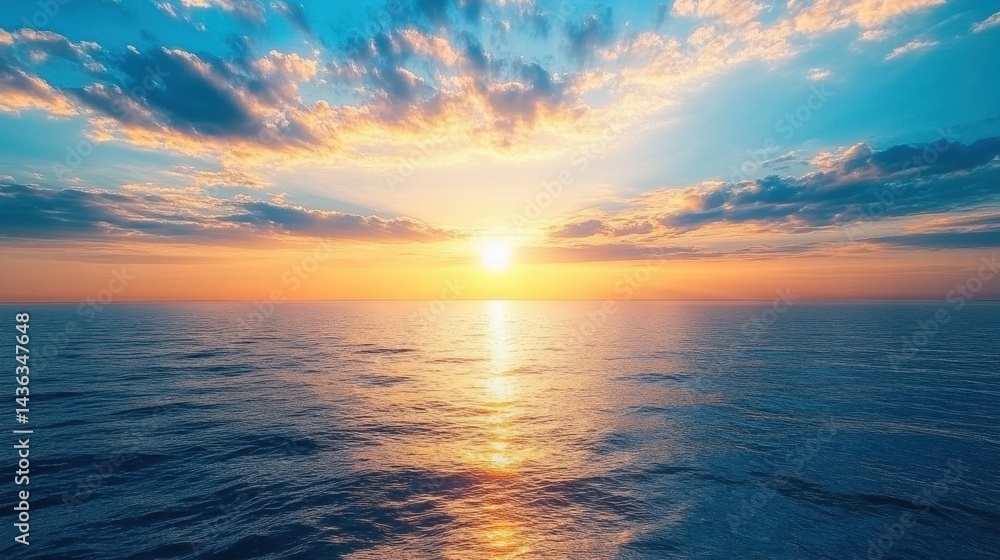 Fototapeta premium Serene ocean sunset with vibrant hues reflecting on calm waters beneath a colorful sky.