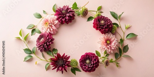 Elegant floral arrangement with a circular design featuring various shades of pink and burgundy blossoms, arranged artfully around a central space, perfect for elegant announcements or invitations.