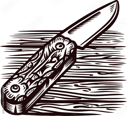 Intricate folding knife with patterned handle on wooden surface in detailed engraving