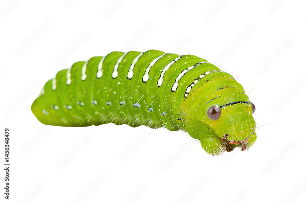 Naklejka premium Detailed Close-Up of a Bright Green Caterpillar with Distinctive Stripes and Hairy Texture