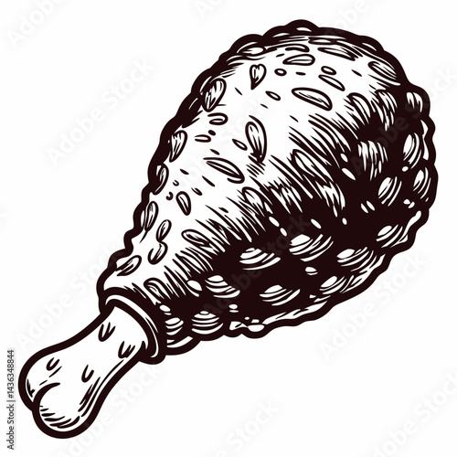 of a crispy fried chicken drumstick in detailed black and white sketch.