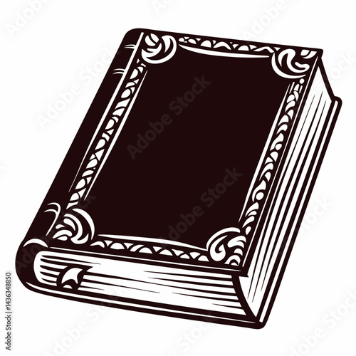 Detailed antique book with ornate cover design in monochrome.