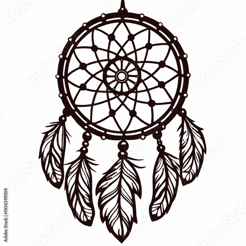 Dreamcatcher with intricate web and feather details in black silhouette design.