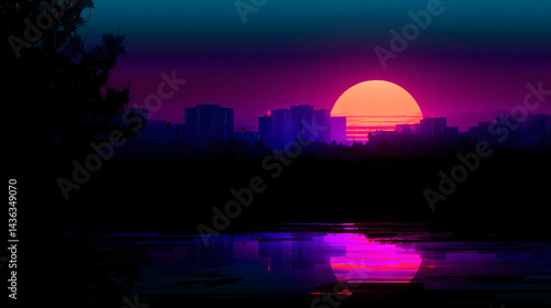 Wallpaper Mural Retro cyberpunk sunset in synthwave style with neon colors Torontodigital.ca