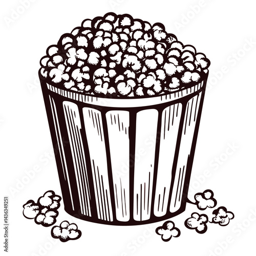 Vintage popcorn bucket with spilled popcorn pieces.
