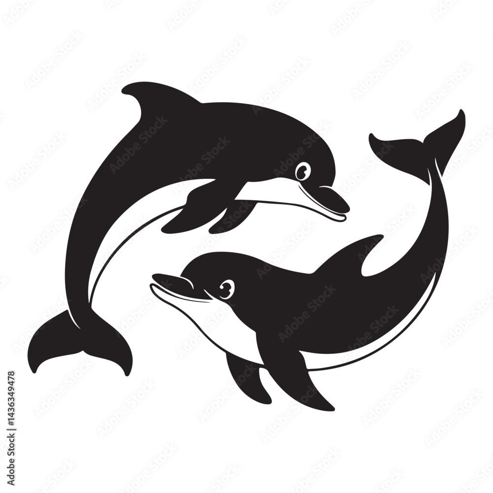 Fototapeta premium Two playful dolphin silhouettes jumping together in a minimal black vector illustration