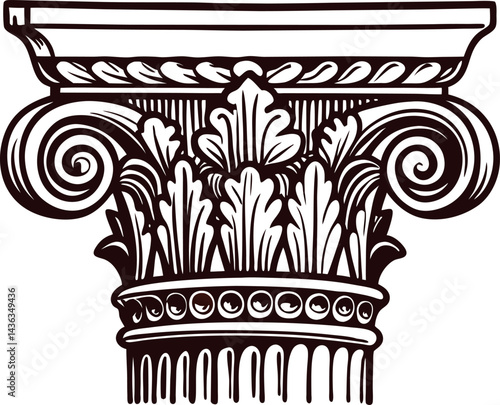 Intricate classical corinthian column capital drawing with detailed acanthus leaves and scrollwork.