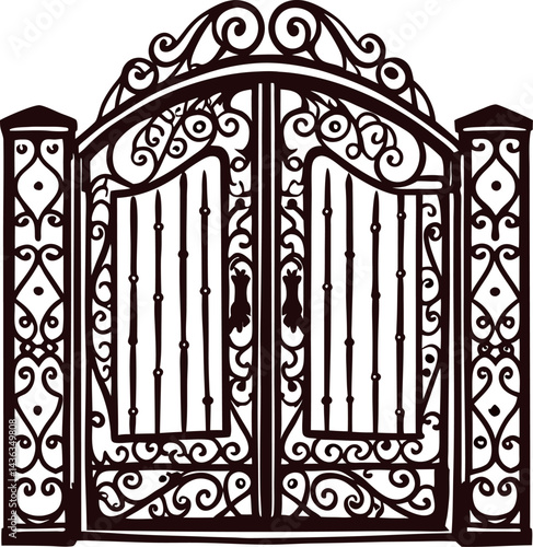 Ornate iron gate with intricate patterns and decorative pillars in black silhouette.