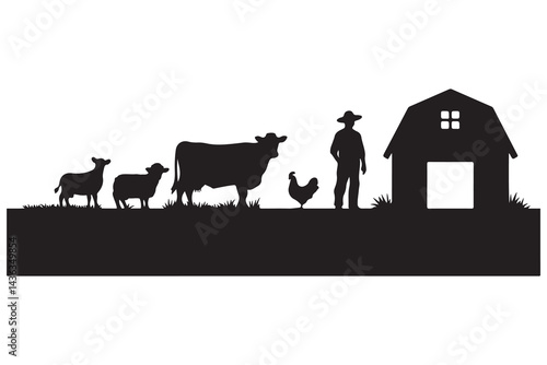 Farm silhouette scene featuring farmer, animal,s barn, and tree,s minimal vector art
