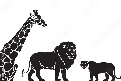 Wildlife animal silhouette featuring giraffe, lion, and panther isolated on a white background