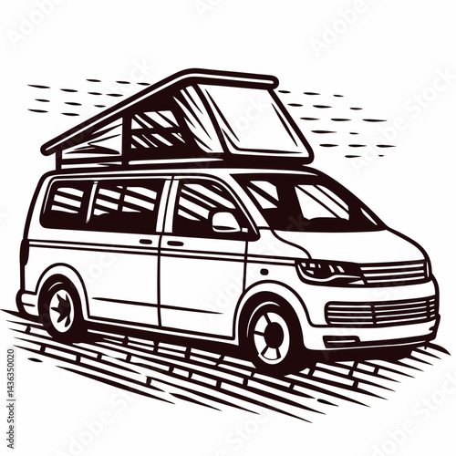 Campervan traveling on road with pop up roof in adventure scene.